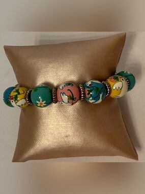 ANGELA MOORE BRACELET HAND PAINTED BEADS SIGNED ONE SIZE OS BLUE PINK YELLOW